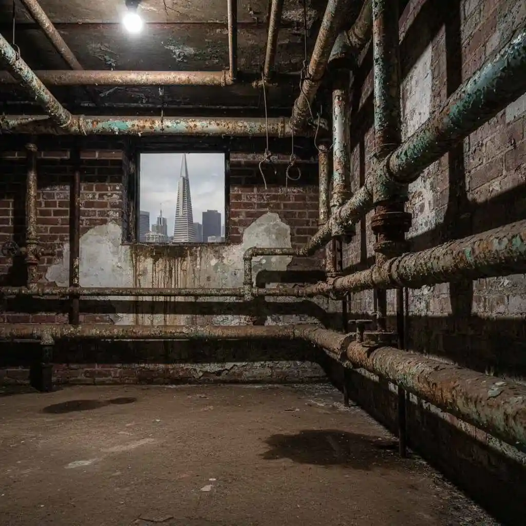  exposed old corroded pipes in a Bay Area building
