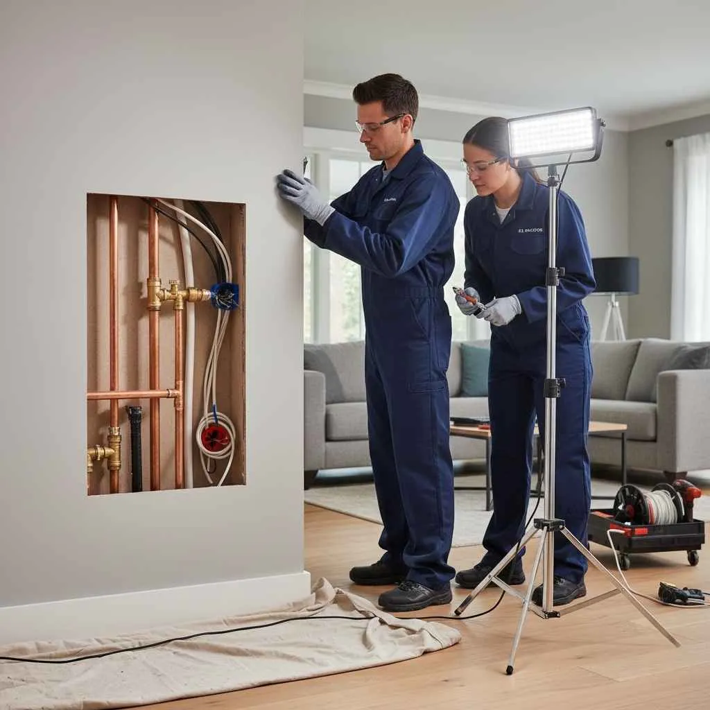 technicians working cleanly inside a residential wall opening