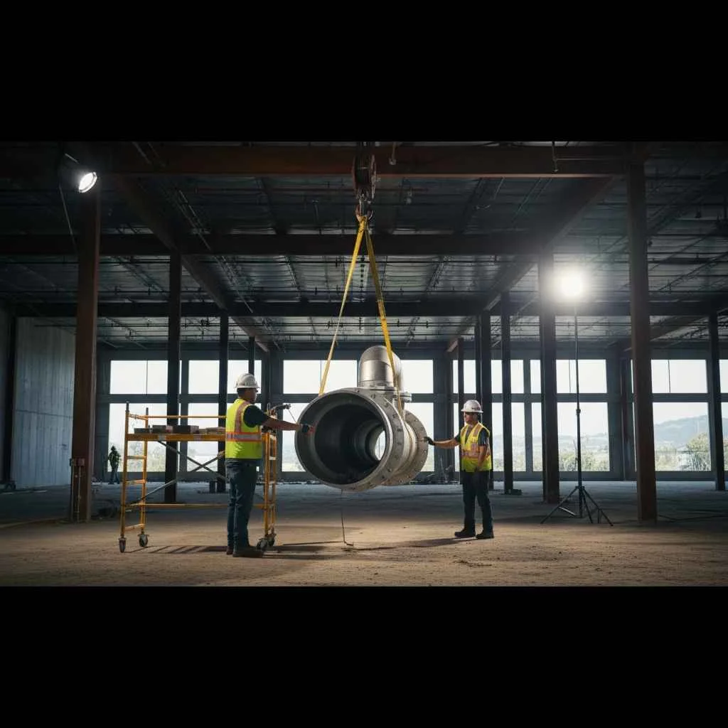 Commercial plumbing team installing prefabricated piping on-site