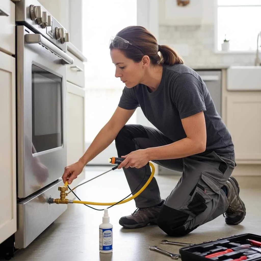 Technician inspecting a residential gas line connection