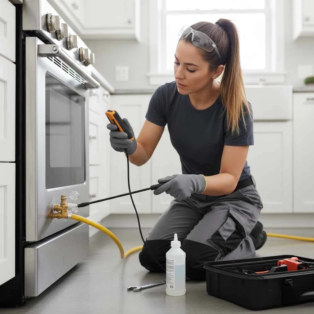 Technician using leak detection equipment on gas piping