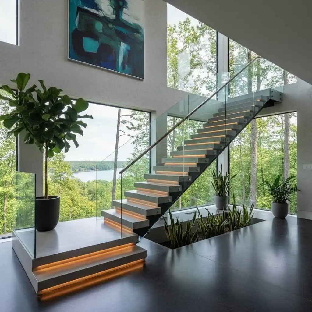 Stylish wood and metal handrail in modern Bay Area home