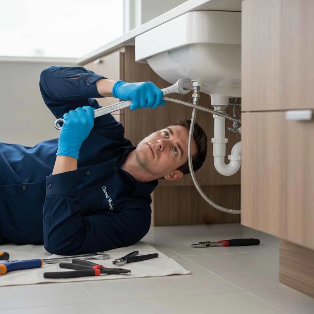 technician securing plumbing connections under sink