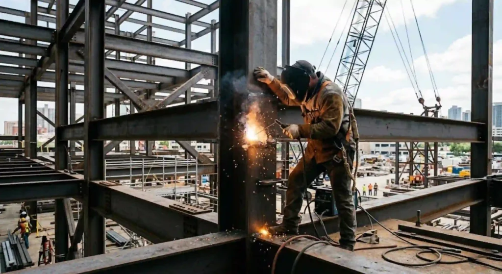 structural steel welding in progress