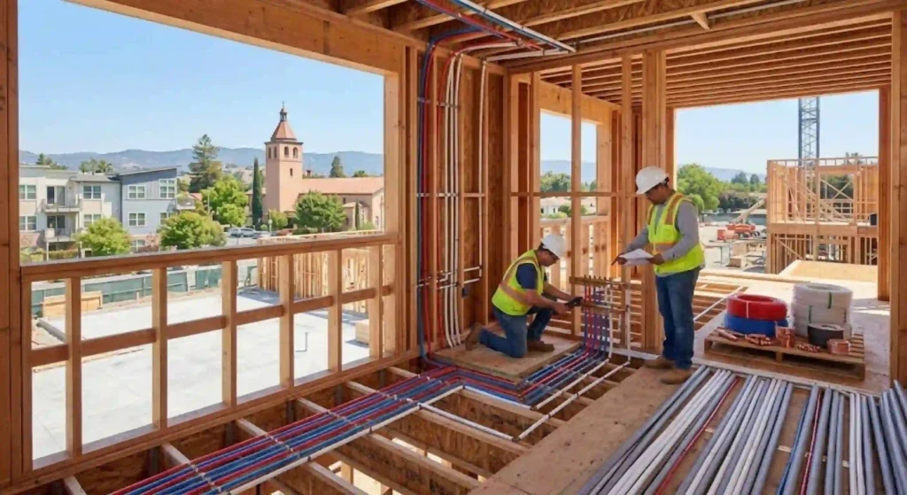 Modern piping installation in Santa Clara residential construction site
