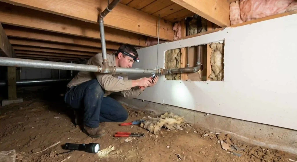 pipe repair work inside wall or crawl space