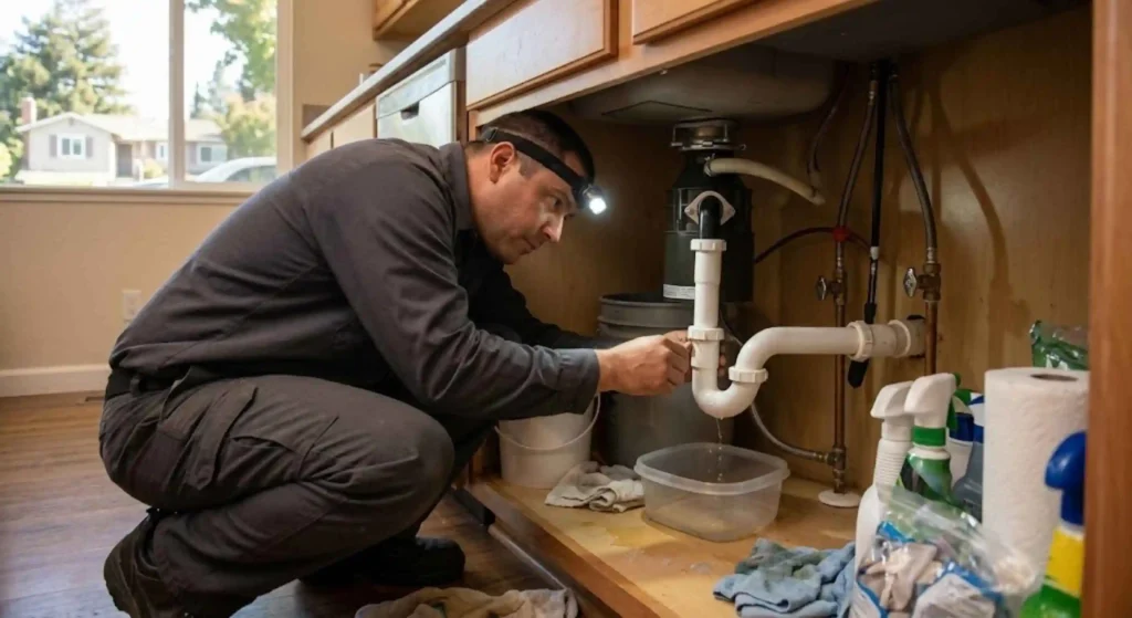 plumber inspecting under-sink leak in Sunnyvale home
