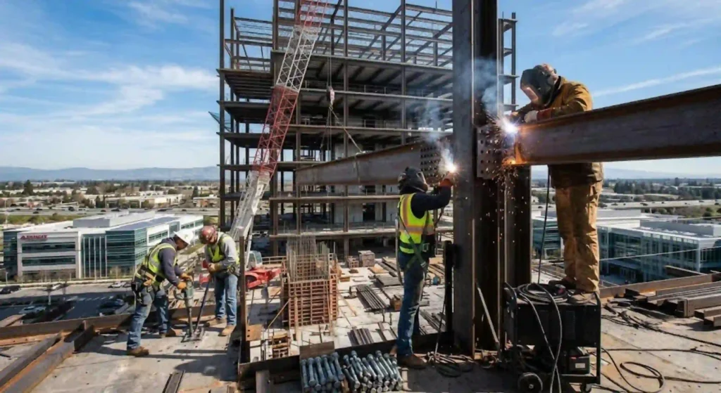 Structural welding crew performing steel installation for a Santa Clara project