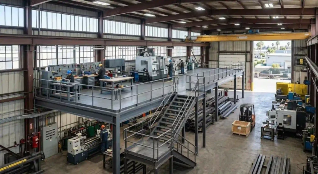 Finished custom steel mezzanine improving space in a Santa Clara mill