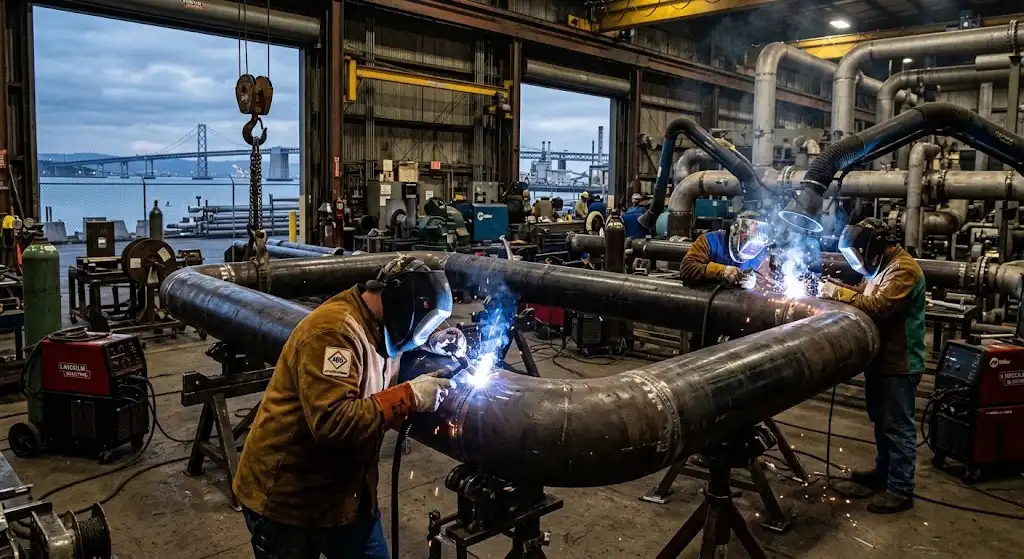 Certified welders fabricating seamless steel piping for a Bay Area industrial facility