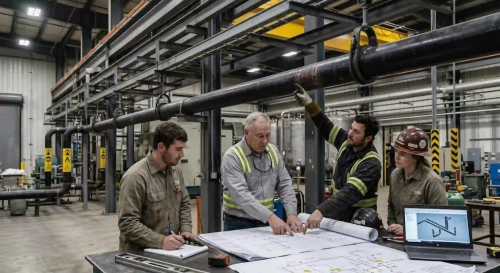 Industrial piping contractor reviewing a gas line installation plan at a plant