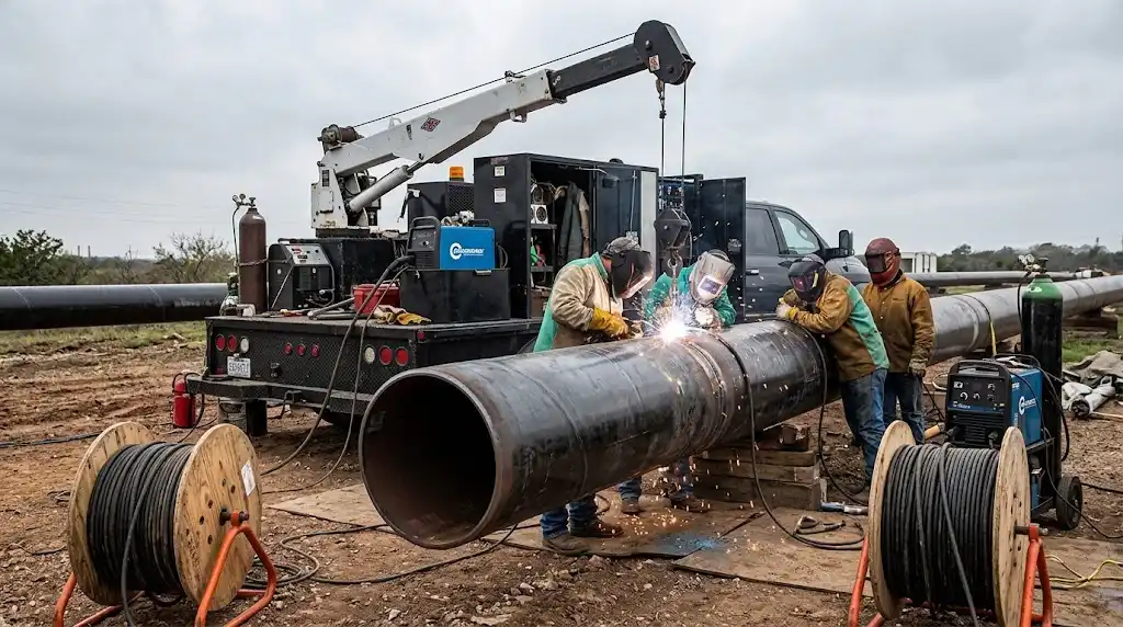 Mobile pipeline welding equipment being used for an urgent commercial pipe repair
