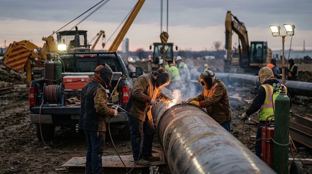 Professional pipeline welding team performing an urgent commercial pipe repair