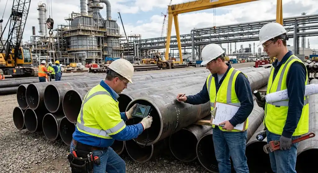 Professional piping team inspecting seamless steel pipe materials for an industrial project