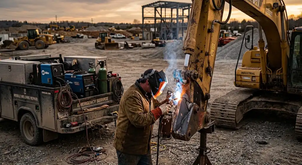 Mobile MIG welder performing an on-site industrial steel repair