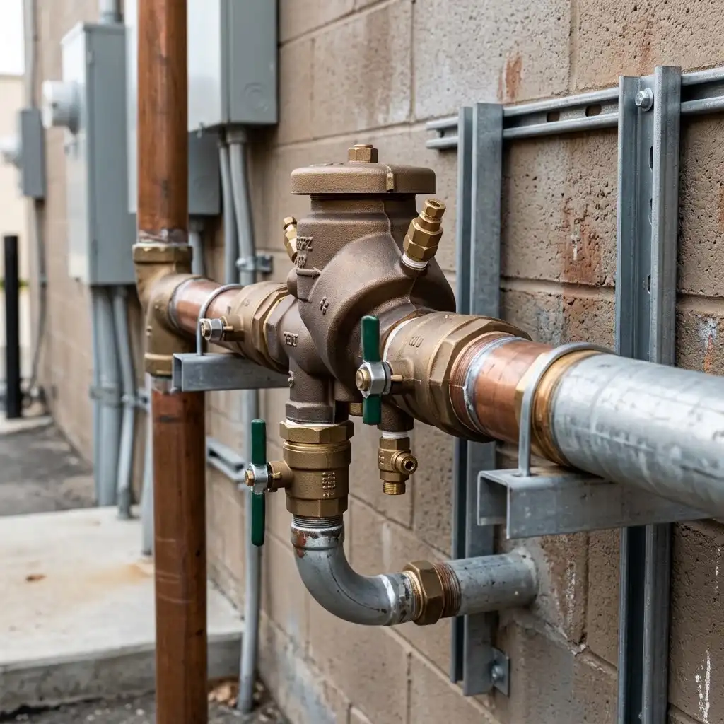 Commercial backflow prevention device installed on a shop plumbing system to help protect the potable water supply.