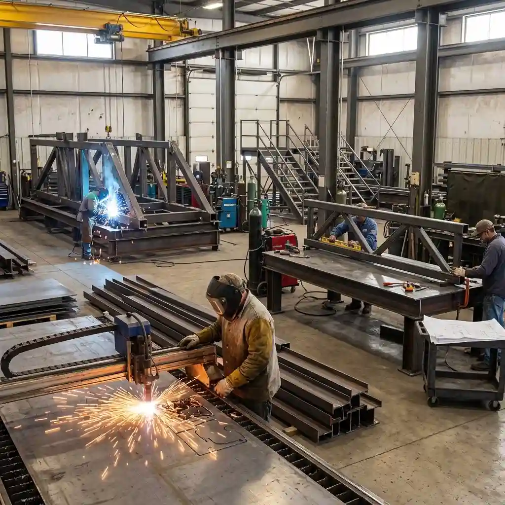 Custom Metal Fabrication workshop producing steel components for a commercial building