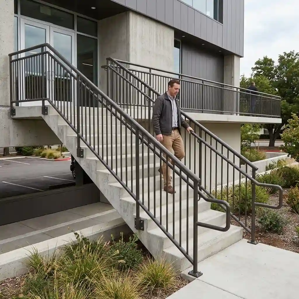 Custom Metal Handrails installed along commercial stairs for improved safety