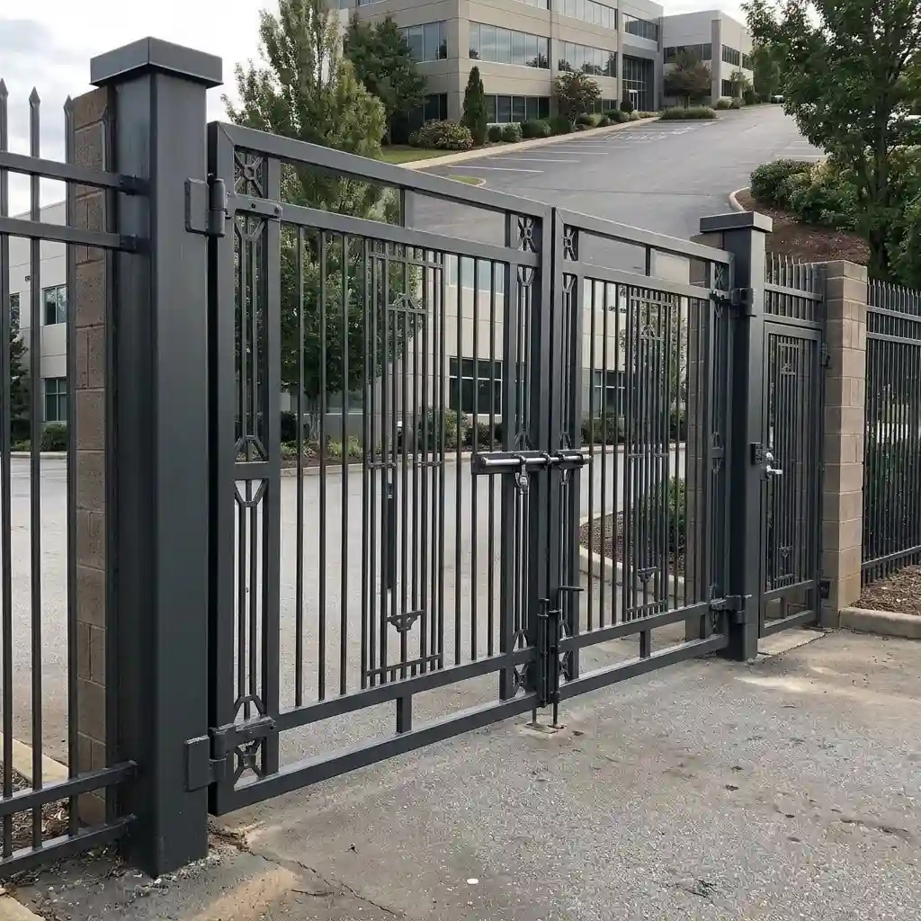 Custom metal gate providing controlled access and security at a Bay Area commercial property.