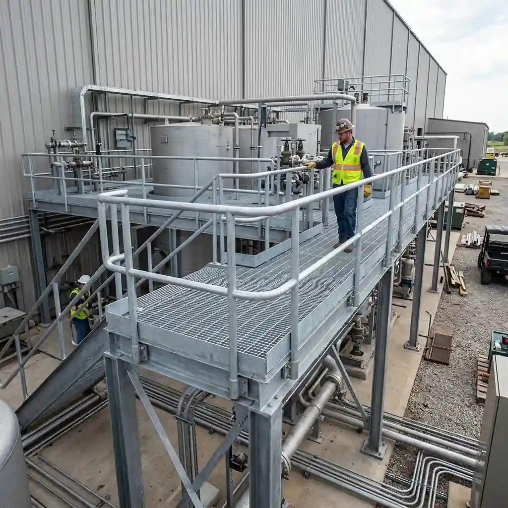 Industrial platform protected by custom steel Metal Handrails