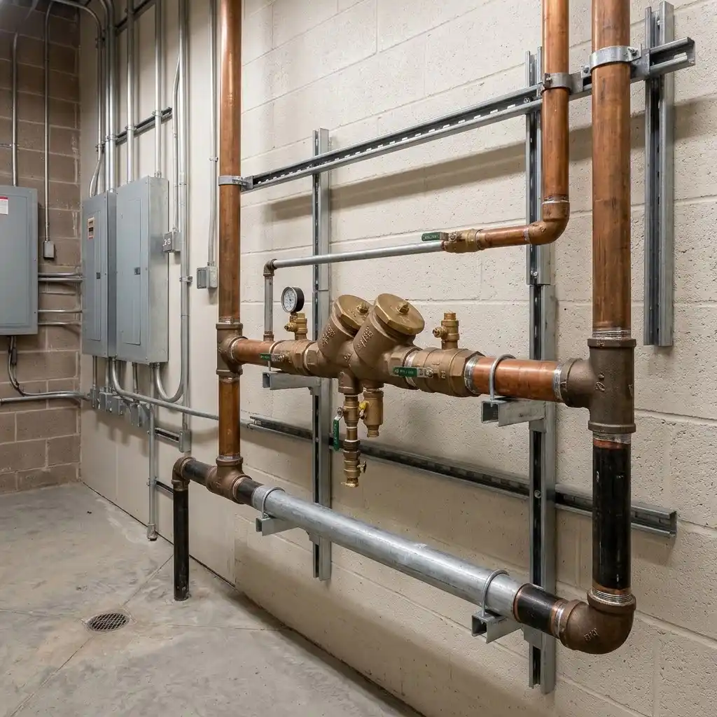 Organized commercial plumbing with an accessible backflow prevention assembly in a Bay Area shop.