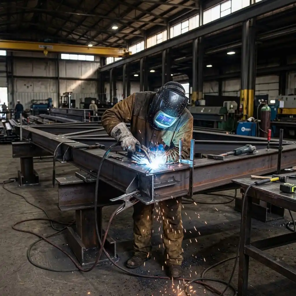 Professional welder assembling a custom steel frame for a commercial building